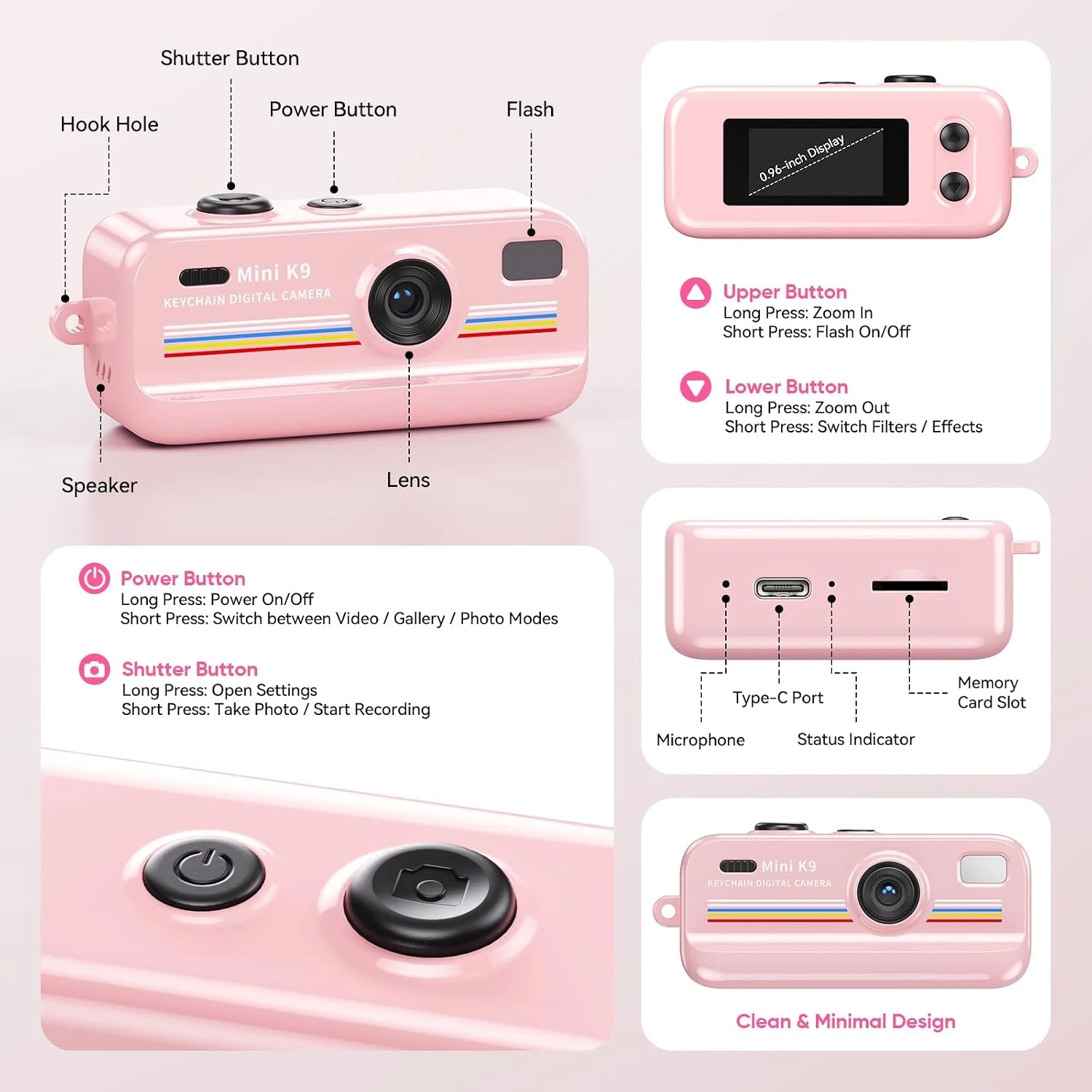 Mini Keychain Digital Camera 1080P Pocket Tiny Camera 0.96 inch IPS Screen Video Recording LED Flashlight Camcorder for Travel view 2