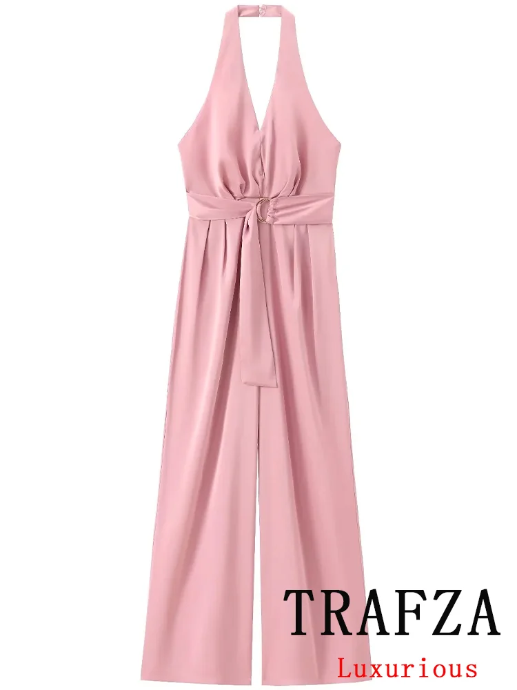 TRAFZA Vintage Casual Chic Women Jumpsuits Solid Halter Sleeveless Sashes Wide Leg Bodysuits Fashion 2024 Summer Jumpsuit