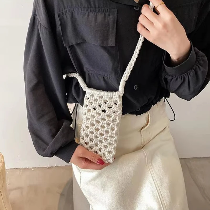 Women Fashion Small Crossbody Phone Bag Solid Color Hollow-out Woven Crochet Lightweight Braided Shoulder Handbag