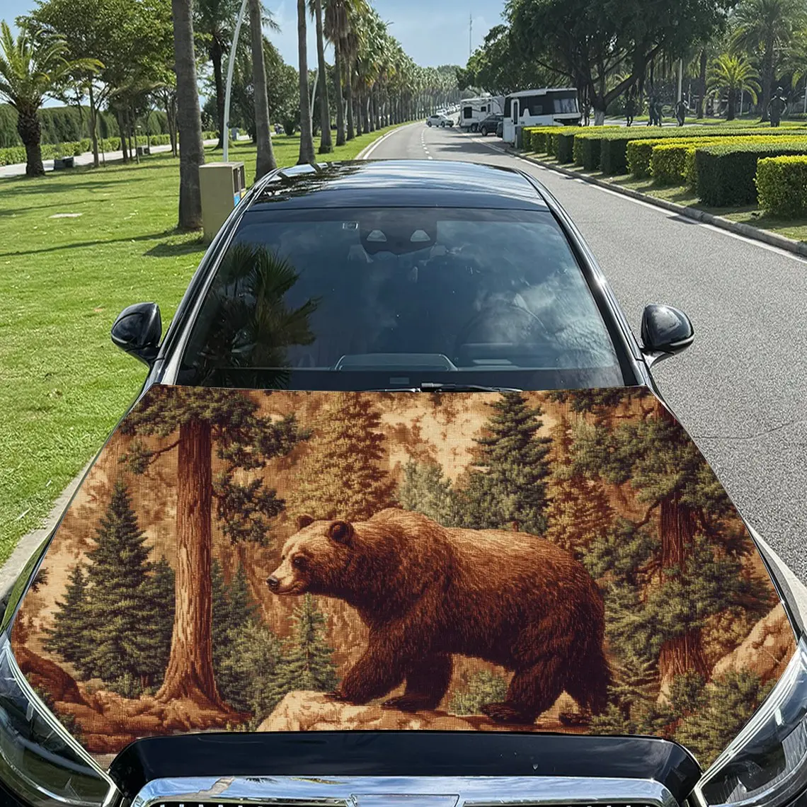 Car Decal Brown Bear with Alert Expression in Forest-Themed Background & Artistic, Lively-Woodland Visual Details Car Hood Stick