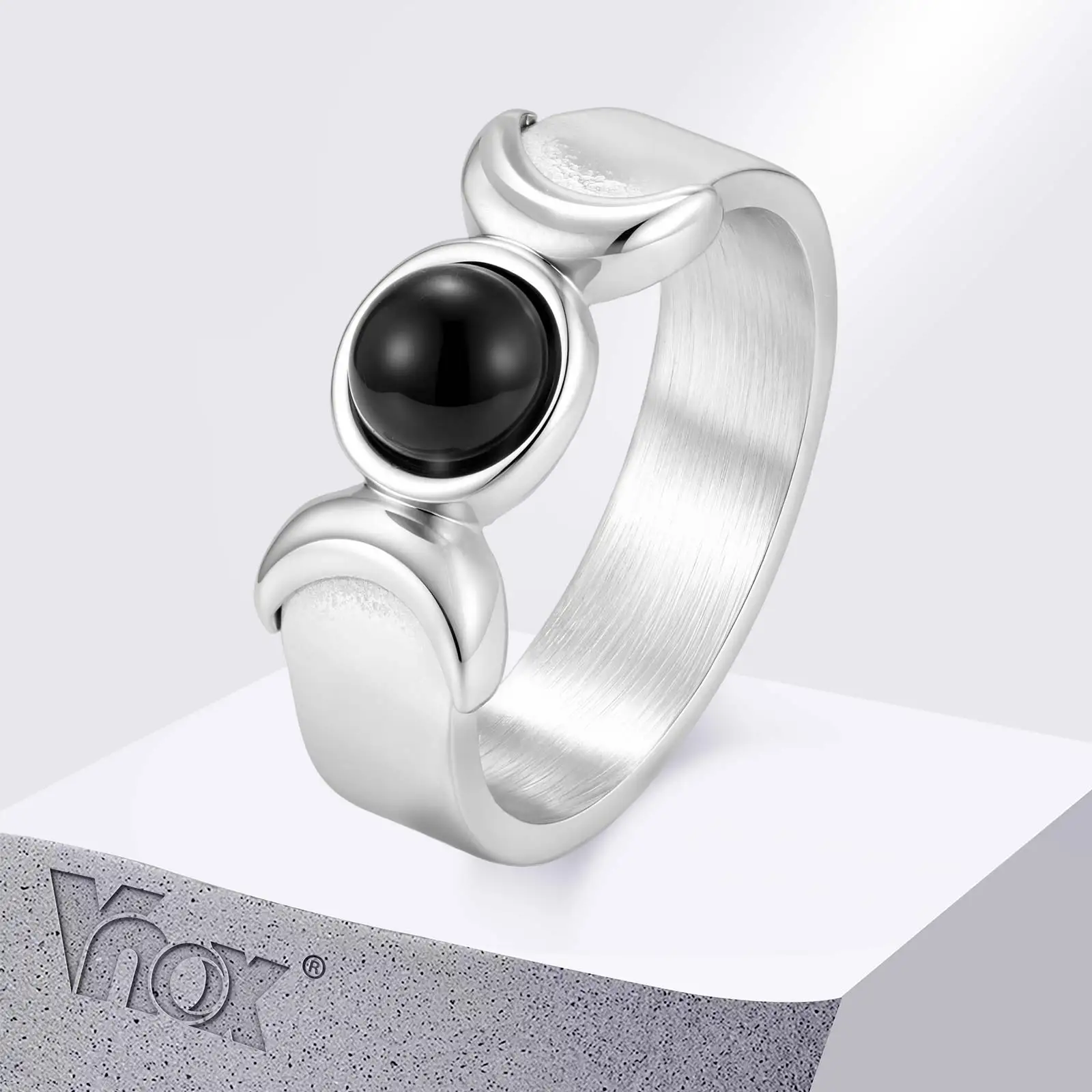 Vnox Triple Moon Goddess Ring for Men, Stainless Steel Black Onyx Wicca Pagan Amulet Band Ring Retro Jewelry Gift Size 7‑12