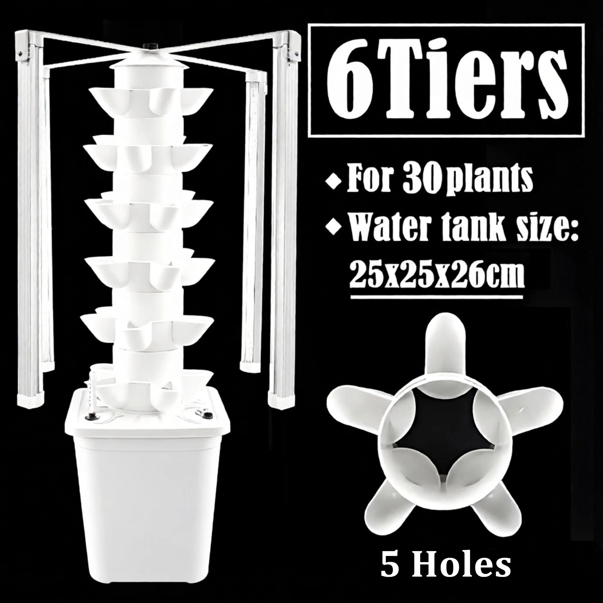 6 Tiers 30 Pods Hydroponic Tower with 4 PCS Led Grow Lights or Fruits, Vegetables, Herbs, and Miniature Greens (White)