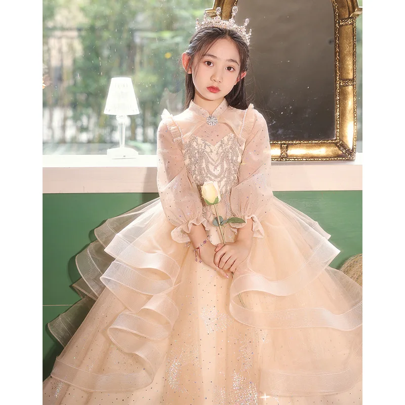 Children's Evening Dress Spring and Autumn Girls' Birthday Princess Dress Flower Girl Wedding Middle School Host D