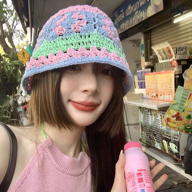 New Fashion Summer Women Knitted Beanies Cap Boho Knitting Bucket Hat Handmade Cloche Crochet Hats Korean Style Panama Wholesale