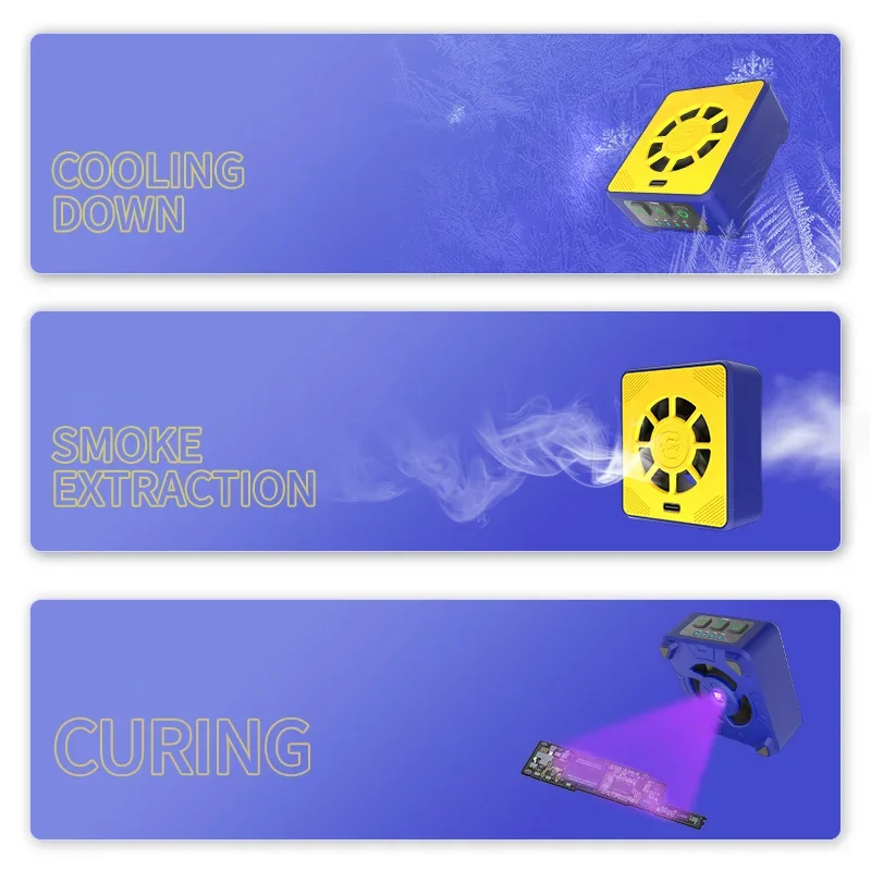 Ventilador de curado de refrigeración mecánico 3 en 1 para reparación de teléfonos móviles CUV-3 PCB soldadura extracción de humo herramienta de disipación de enfriamiento rápido