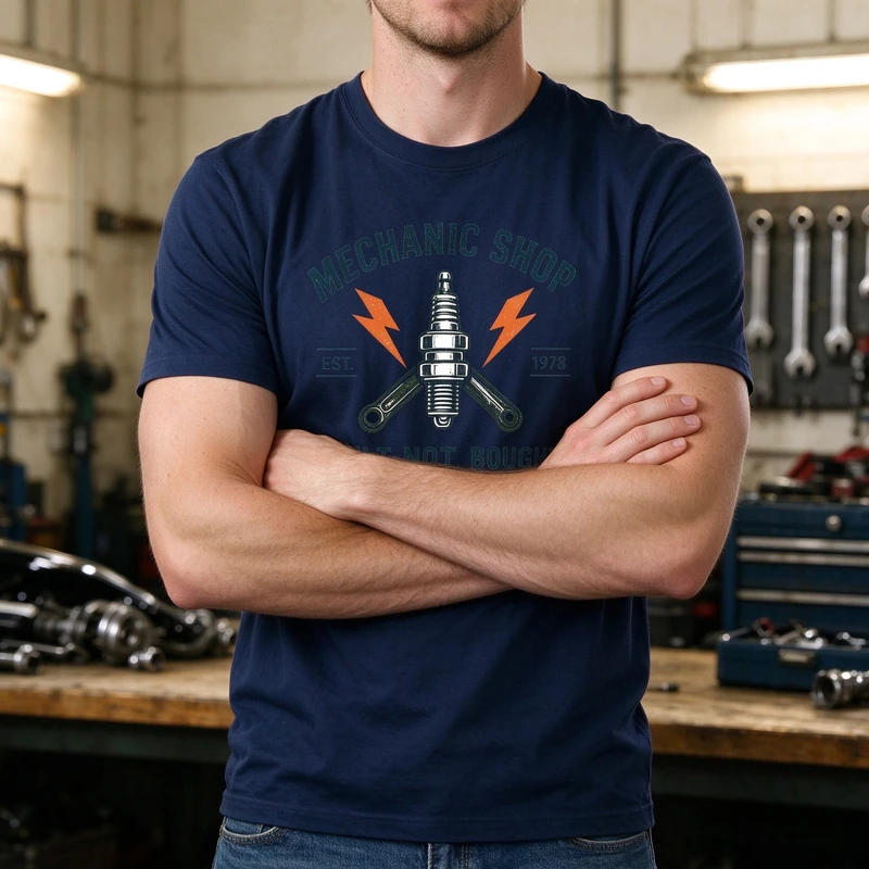 Mechanic Shop Built Not Bought T-Shirt Spark Plug Lightning Graphic Tee Car Automotive Repair Garage Gift for Men Casual Top