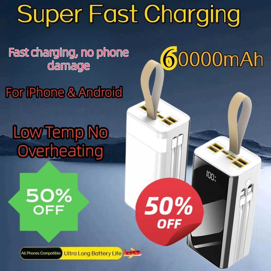 

60000mAh Ultra Large Capacity Power Bank Fast Charge Built-in Line Outdoor Camping Lamp Emergency Mobile Phone External Charger
