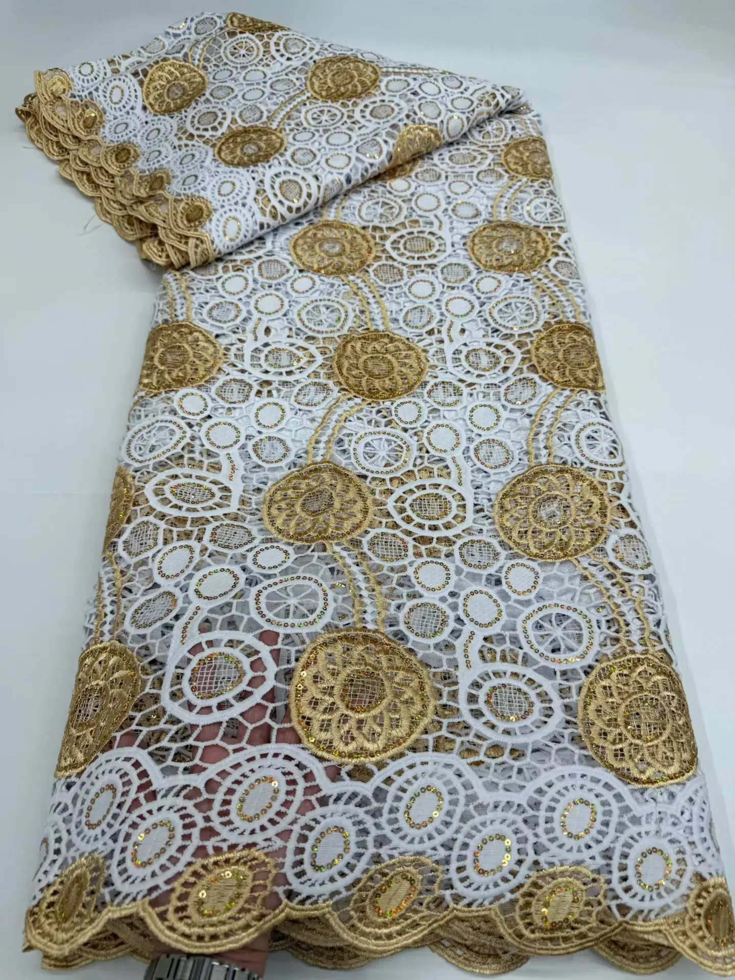 Luxury White+Gold Series African Guipure Cord Lace Fabric 5 Yards Nigerian Water Soluble Lace Fabric For Clothing Materials 738