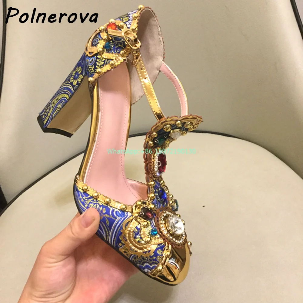 Rhinestone Flower Pearl Sandals T-Strap Pointy Toe Buckle Chunky Shoes Crystal Luxury Real Leather Retro Palace Style Shoes