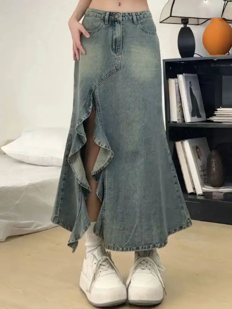 Y2k vintage oversize 4xl lavado irregular divisão denim saia feminina primavera verão cintura alta médio longo uma quadril saias rabo de peixe