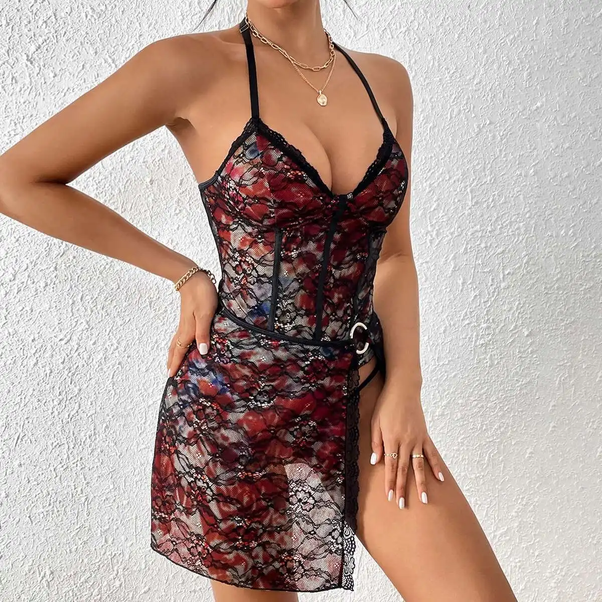 

Bar New Nightclub Spicy Girl Dress Fashionable Printed Sexy Bareback Hanging Neck Fishbone Split Dress Robe Vestido Women Party