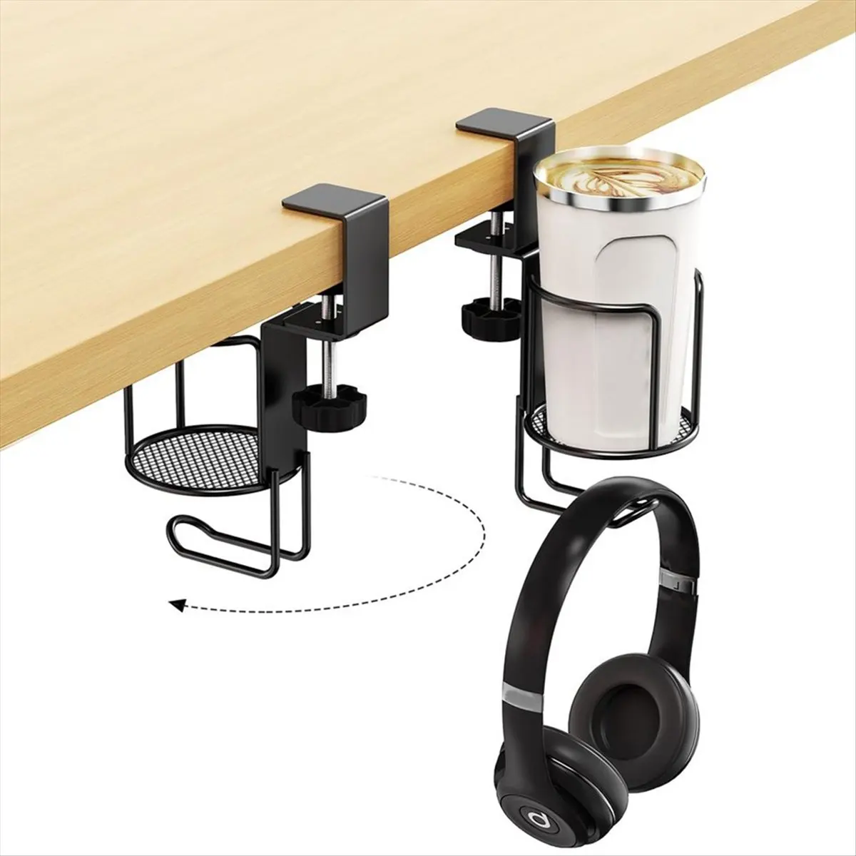 

(LBER) 2PCS 2 in 1 Desk Cup Holder with Headphone Hanger Holder Anti-Spill Clip-on Table Cup Hook with 360° Rotation
