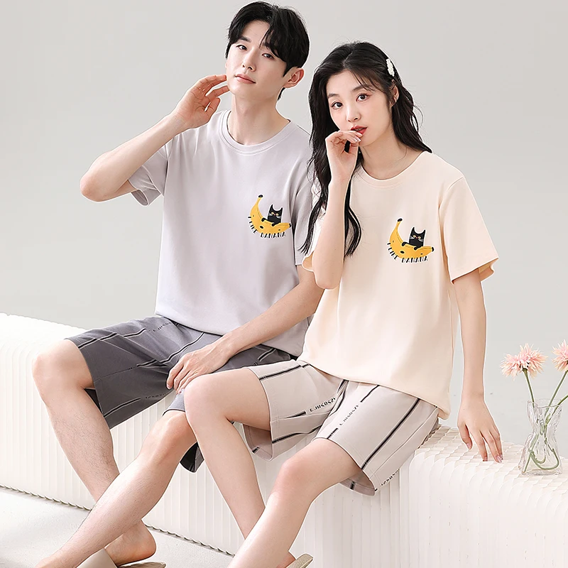 

Women and Men Matching Sleepwear Couple Pajamas Set Summer 100% Cotton Cartoon Bear Cute Pyjamas Thin Homewear Shorts Pjs