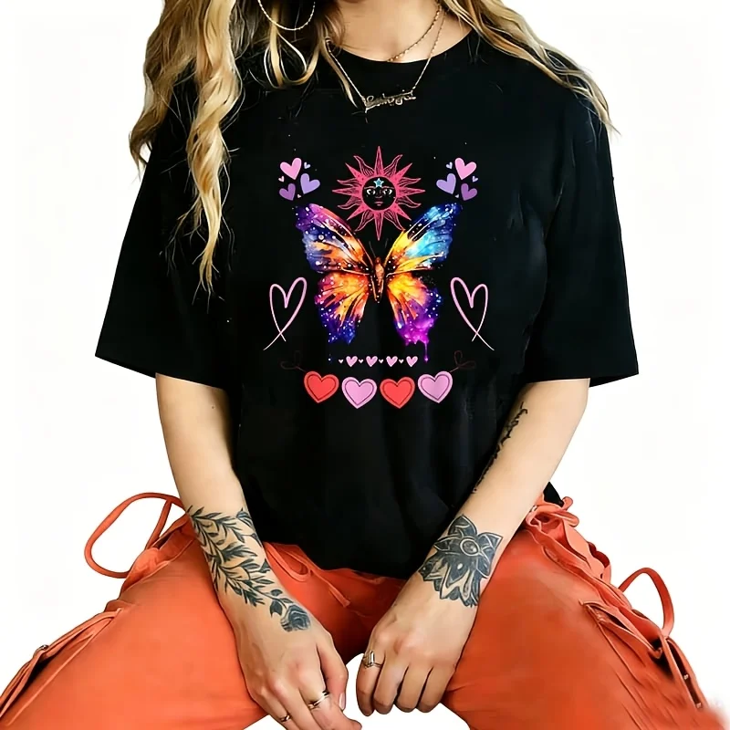 Butterflies Colorful Flowers Fun Design Eight Women's T-Shirt 100% Cotton Funny Graphic Short Sleeve Tee Novelty Shirt Casual Crew Neck Top S-5Xl