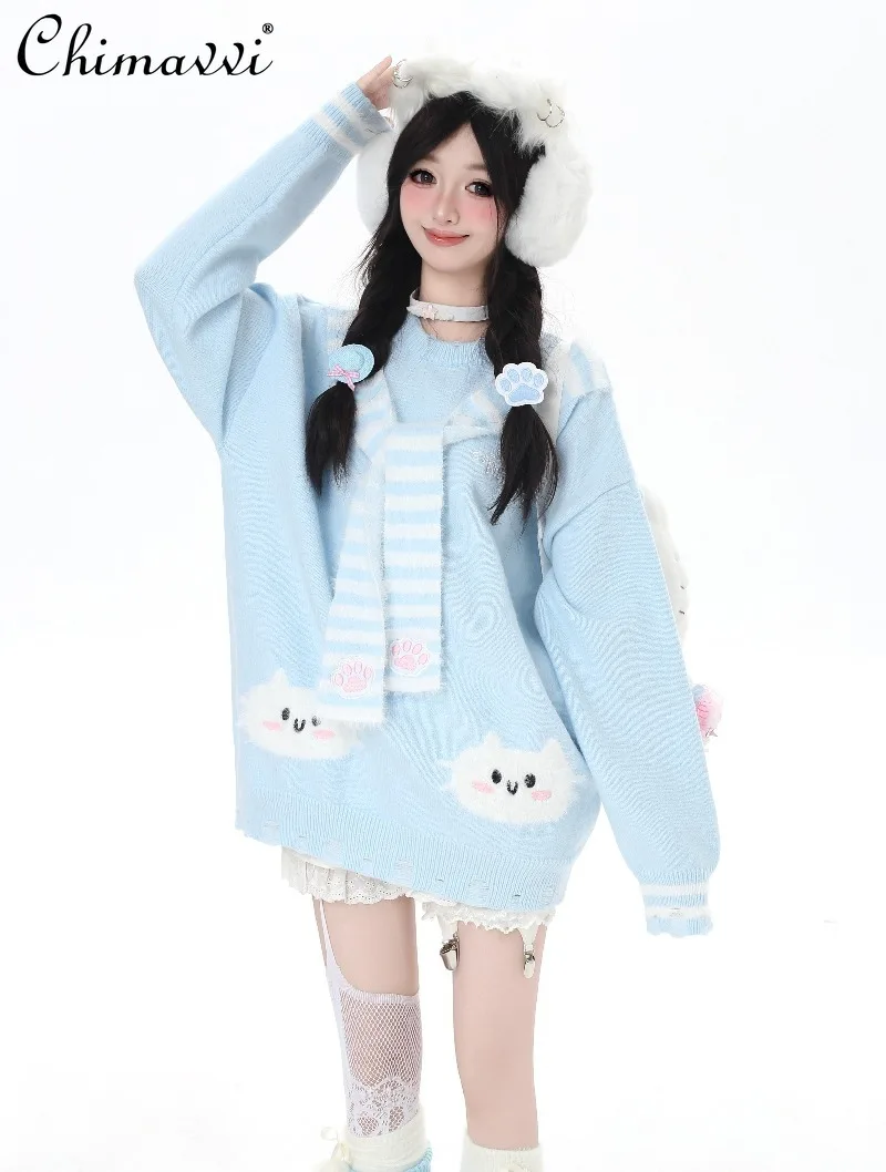 

Japanese Sweet Cool Girl Fake Two-Piece Scarf Loose Soft Sweater Autumn New Fashion Round Neck Long Sleeve Y2k Women Knitted Top