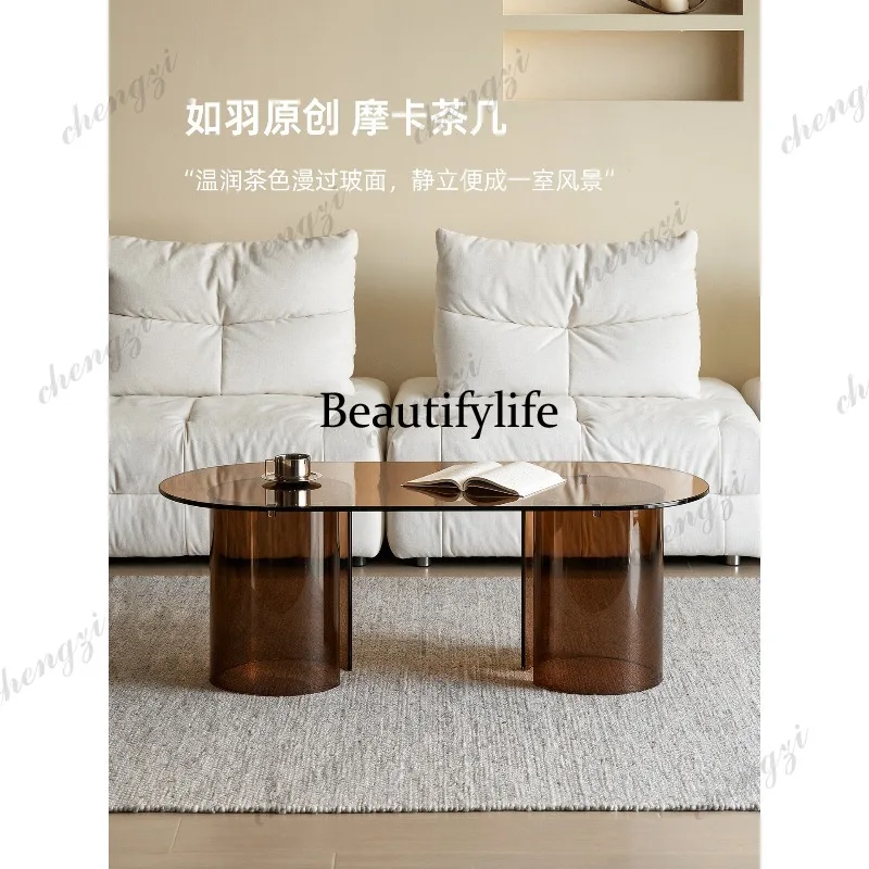 Mocha glass coffee table antique small apartment living room household oval