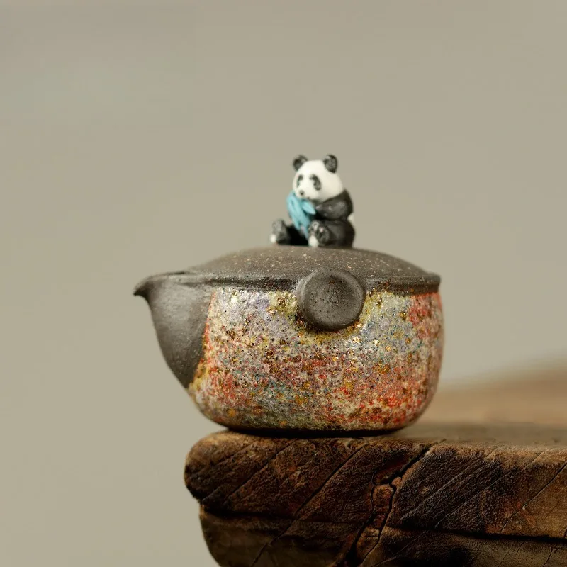 Rock mine panda teapot Gao Yue handmade old rock mud kung fu tea set grab pot brewing tea bowl single treasure vase