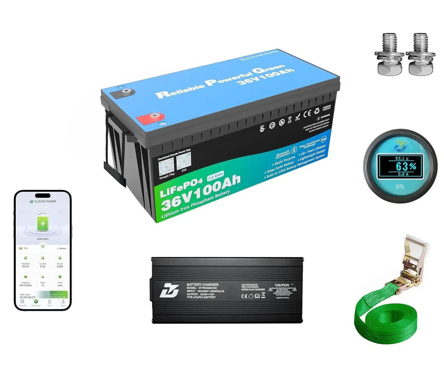 

Литиевая батарея для гольф-кара 36 В 100 Ач, LiFePO4 аккумулятор 36 В с зарядным устройством 10 А, индикатором заряда, BMS 150 А, 4000+ циклов, 3.6, на заказ