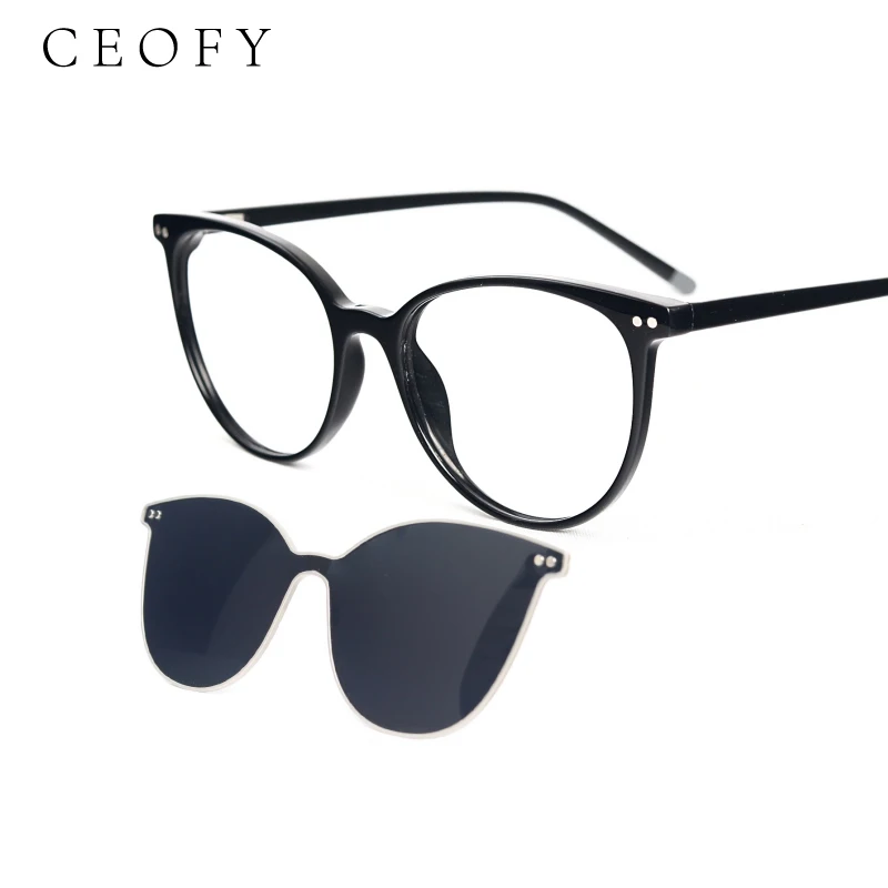 Ceofy Women Round Fashion Vintage Magnetic Sun Clip Polarized Sunglasses Glasses Frame Brand Designer