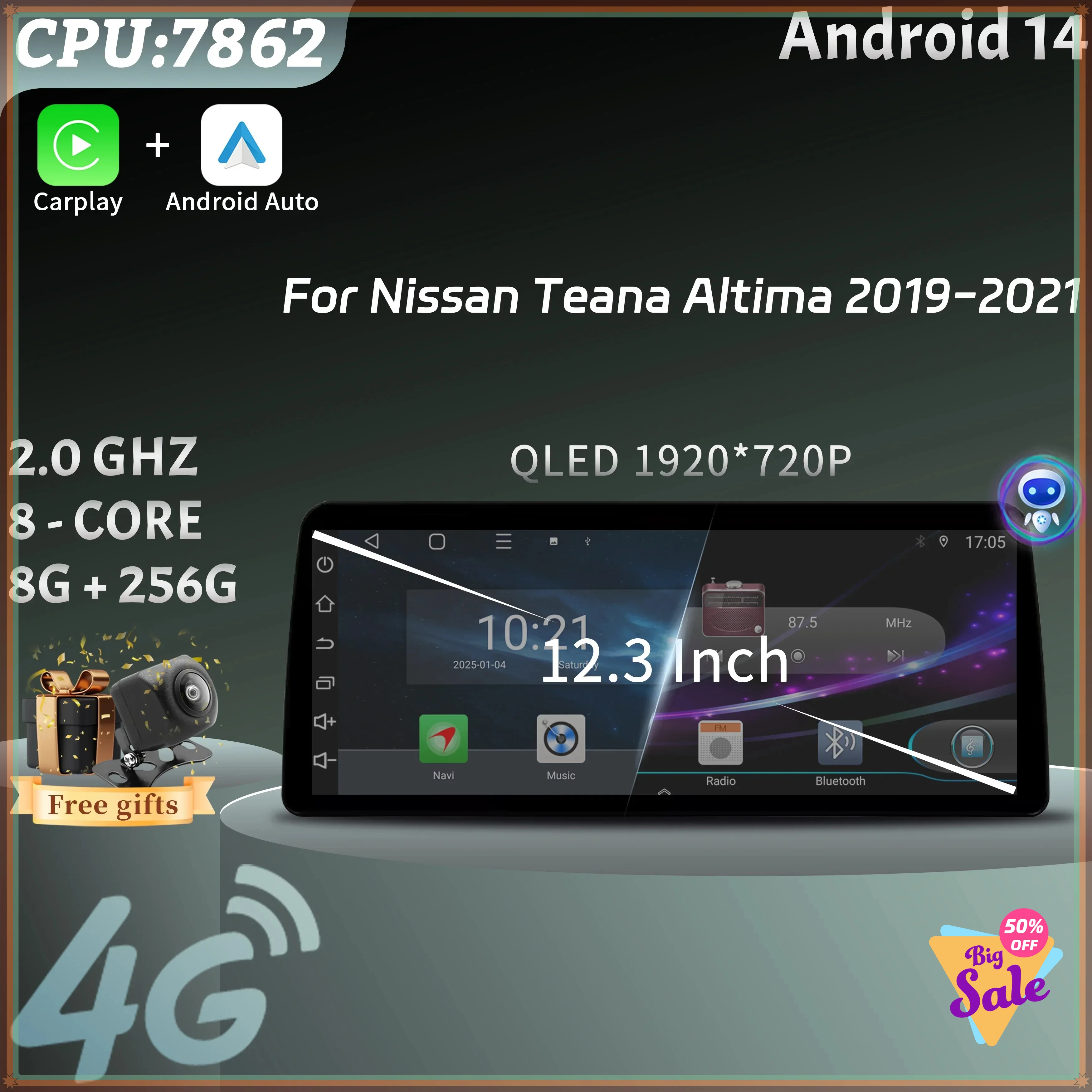12.3inch Car Radio Multimedia Navigation 4G GPS Android Wireless CarPlay Android Auto Screen For Nissan Teana Altima 2019-2021