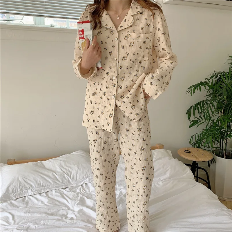 Cotton Sleepwear Print Pajama Sets Women Autumn Long Sleeve Trouser Kawaii Clothes Nightwear Korean Homewear Buttons Girl Pajama