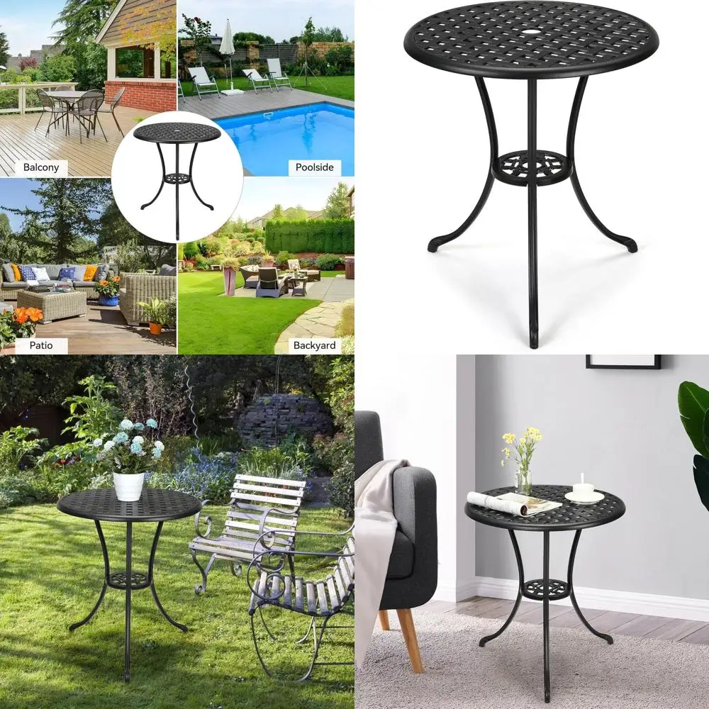 

Уличный стол для бистро на 24 персоны с отверстием для зонта, устойчивый к ржавчине, идеально подходит для сада, патио, зоны у бассейна, балкона, черный