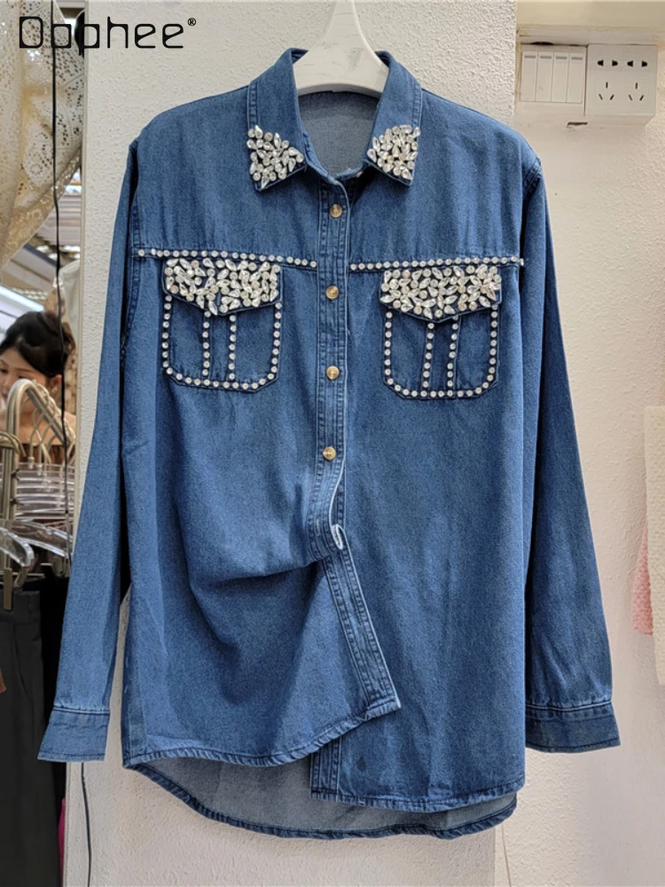 

Casual Rhinestones Denim Shirt Blusas Femininas Elegantes Autumn Korean Style Polo Collar Long Sleeve Single Breasted Jean Top