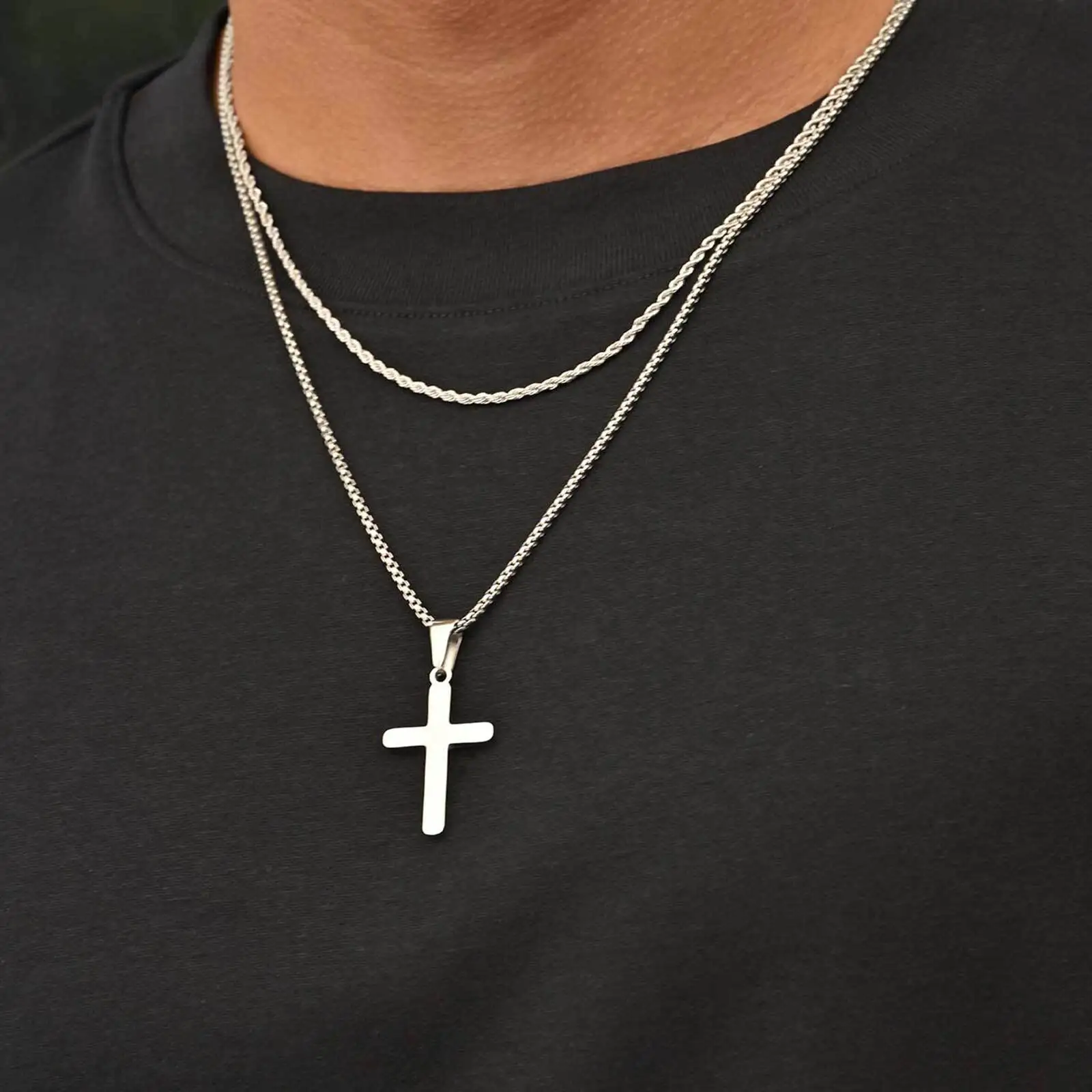 2pcs Men's Necklace,Waterproof Stainless Steel Cross Pendant Necklace,Birthday Party Jewelry Gift for Husband Dad Son BBF - Image 4