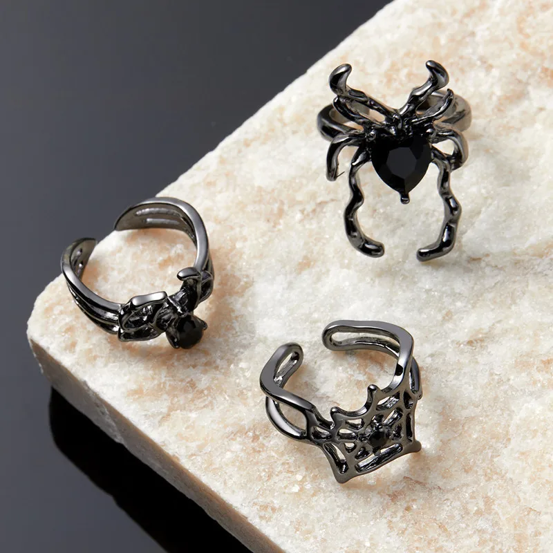 Gothic Punk Unregelmäßige Spinne Öffnung Ring Frauen Männer Mode Zirkon Schwarz Kristall Dark Tier Ring Hip Hop Party Finger Schmuck – Detail 32