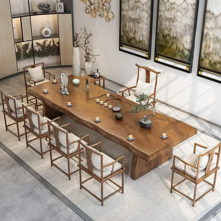 Household large board solid wood tea table full set of office zen chair combination new Chinese living room reception