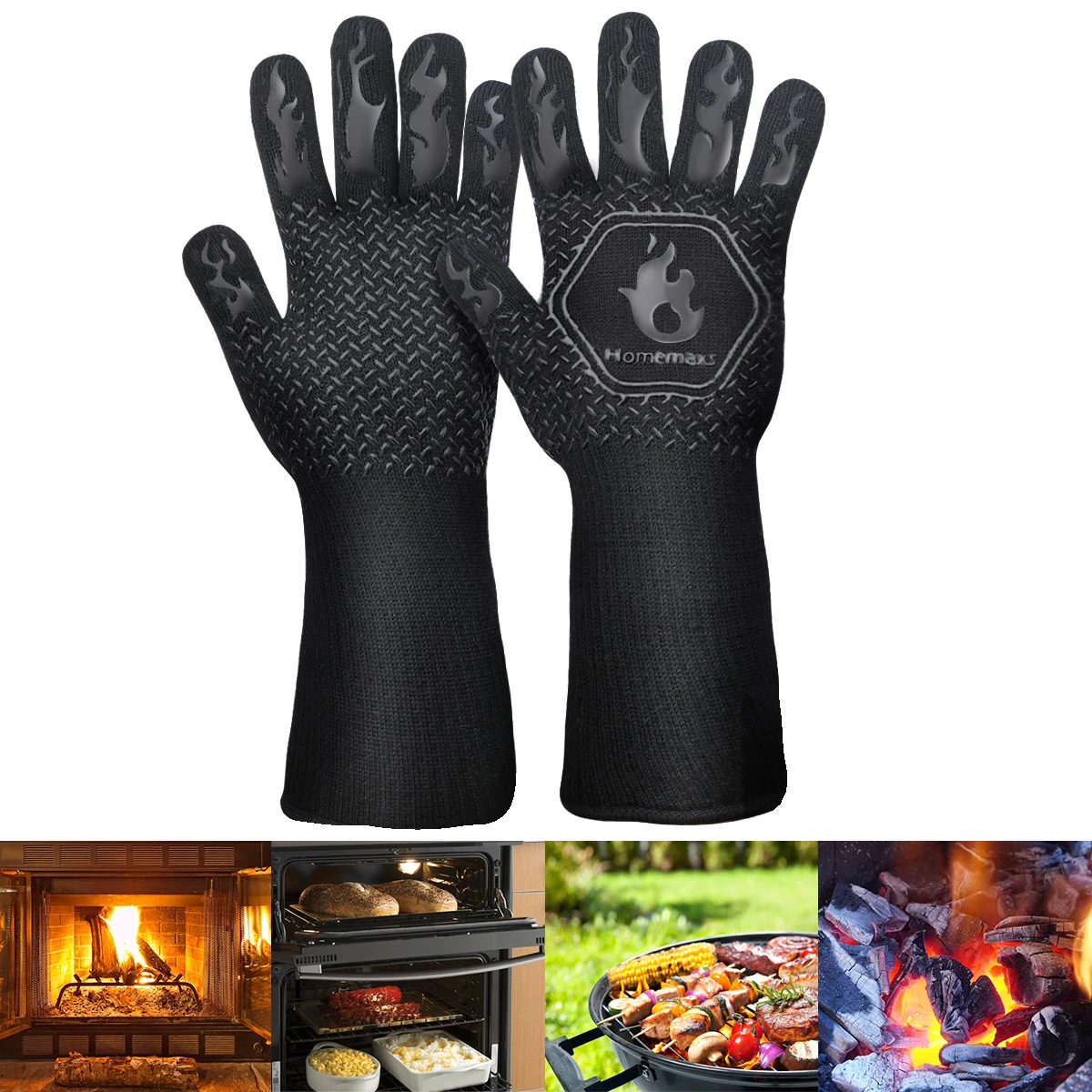 

1 Pair 13.78 Inch Heat Resistant Silicone Oven Gloves 800℃ Anti-Scald Bbq Grilling Gloves With Hook Non-Slip Protection For