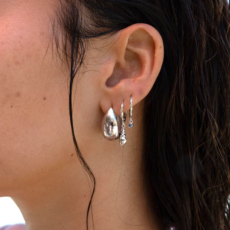 Real 925 Sterling Silver Ear Needle Silver Cold Wind Simple Hoop Earrings For Women CZ Geometric Smooth Earrings Fashion Jewelry
