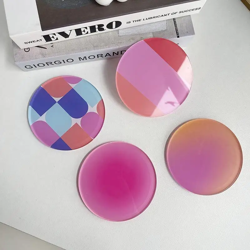 2pc 9.5cm round Nordic rose red acrylic coasters 5mm high-definition coffee heat-insulating pad  Table decoration  mat