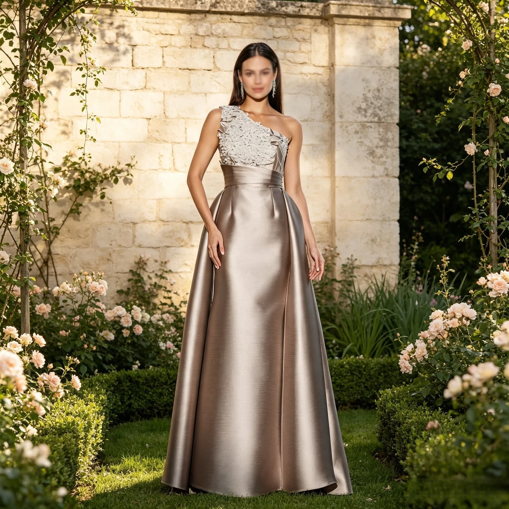 Customized Champagne A Line Evening Dress Lace Beaded Bodice Satin Pleated Floor Length Elegant Formal Wedding Party Guest Gown