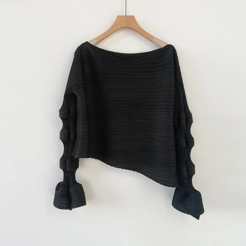 

Свободные плиссированные топы Miyake, женская весенне-осенняя новая футболка с длинными рукавами, тонкая динамическая драпировка, эластичная одежда с одним вырезом