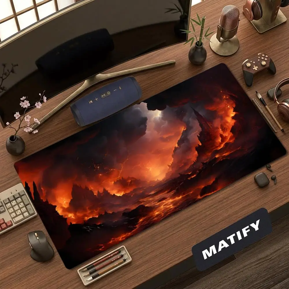 Fiery Red Large Gaming Mouse Pad XXL Lava Cloud Cave Deskmat Non-Slip Rubber Game Mouse Mat Computer Keyboard Mats Gamer