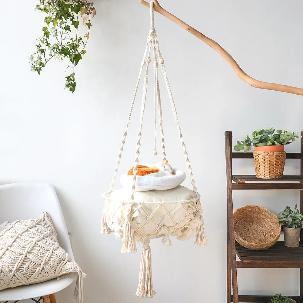 Hand-woven cotton rope hanging cat bed pet net hanging cat basket Bohemian cat bed hammock swing bed