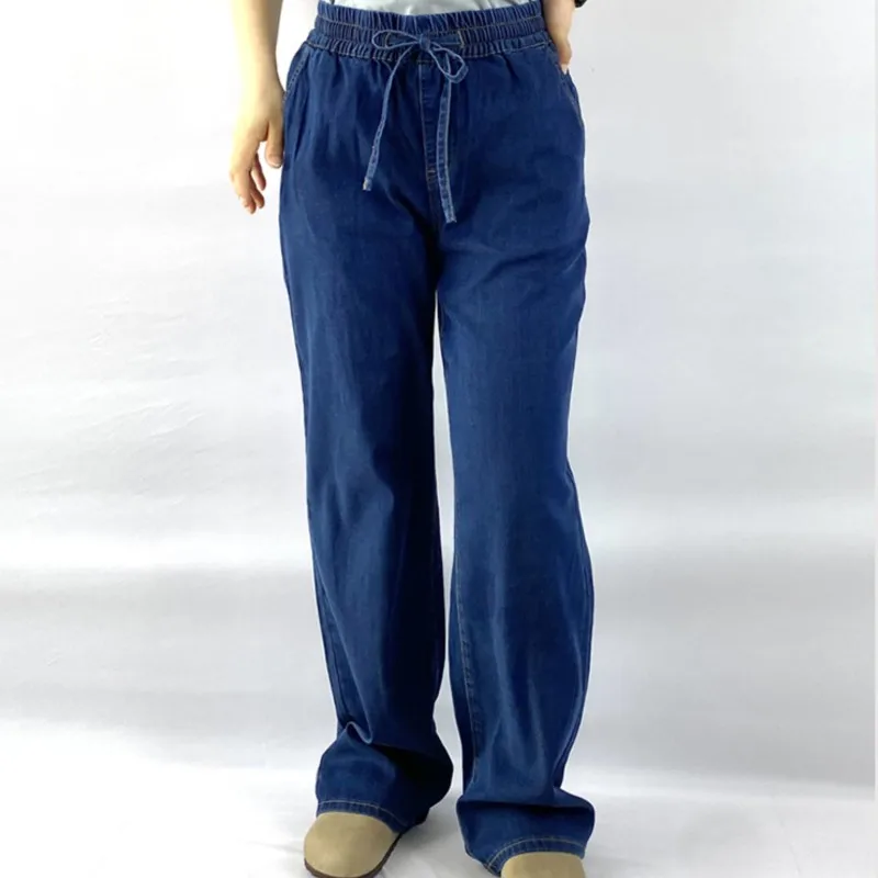 

Летние тонкие широкие джинсы больших размеров 100 кг, повседневные джинсы премиум-класса с эластичной резинкой на талии, лиоцелловые прямые брюки для женщин 9365