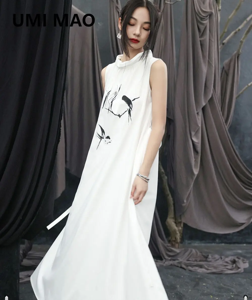 

UMI MAO New Chinese Dress Elegant Women White Simple Willow Swallow Printed Sleeveless Loose Long Dresses Femme New