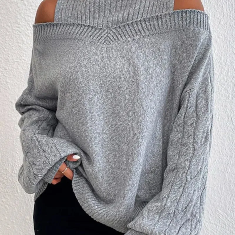 Women New Solid Knitting Off Shoulder Sweaters Autumn Winter Elegant Office Lady Half High Collar Splice Loose Pullovers Sweater