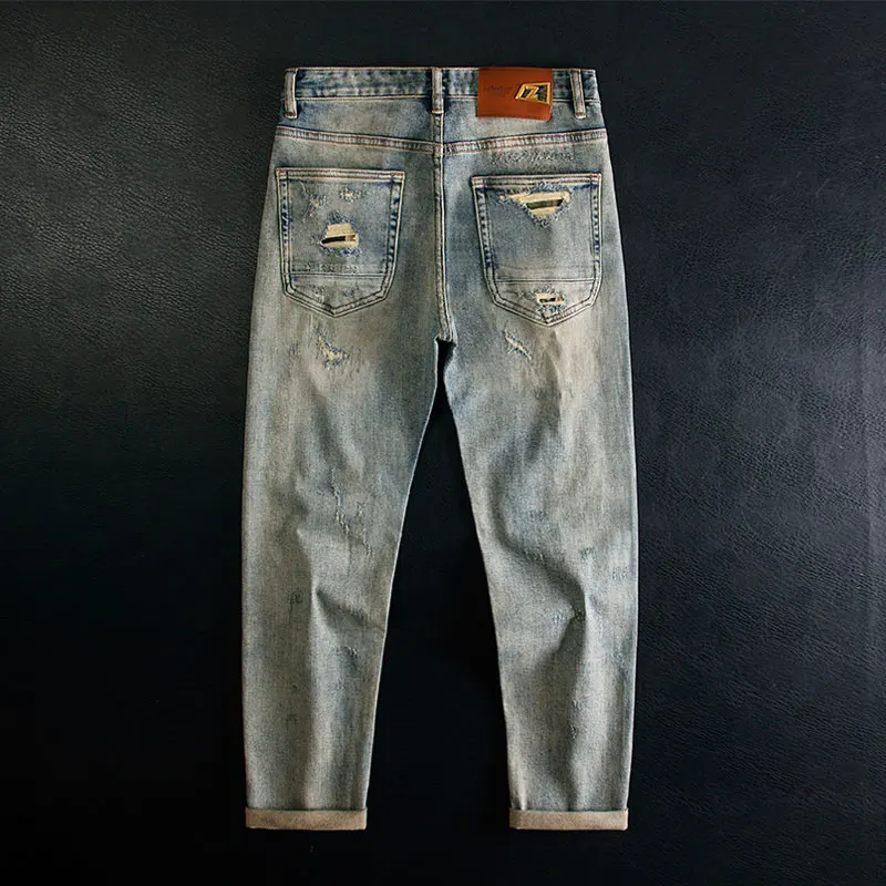 Pantalones vaqueros de diseñador callejero para hombre, Vaqueros rasgados con agujeros ajustados elásticos Retro Azul de alta calidad, pantalones vaqueros Vintage de Hip Hop para hombre