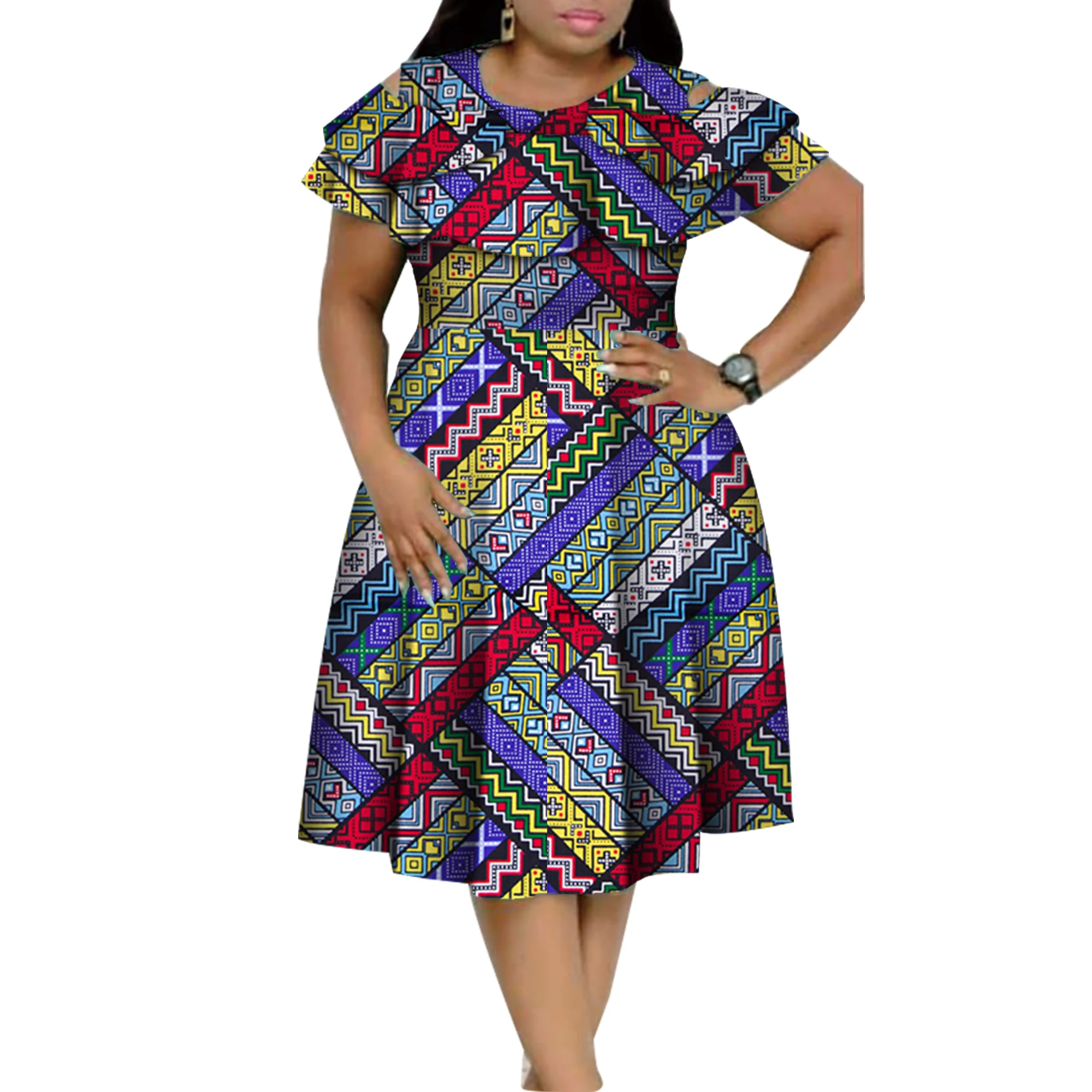 

New Bazin Riche African Ruffles Collar Dresses for Women Dashiki Print Pearls Dresses Vestidos Women African Clothing WY4401