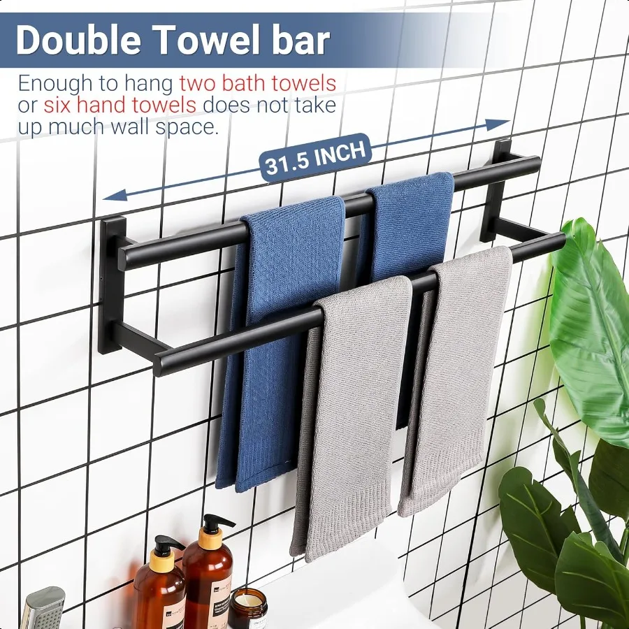 شريط منشفة مزدوج للحمام 31.5 بوصة ماتي الأسود منشفة استحمام رف منشفة حامل الحائط SUS304 الفولاذ المقاوم للصدأ #5