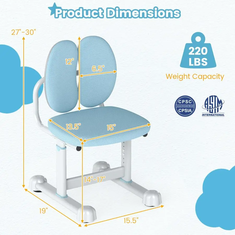 Kids Desk Chair, Ergonomic Student Study Chair with Adaptive Double Backrest, Adjustable Seat Height amp Armless Design, Childre