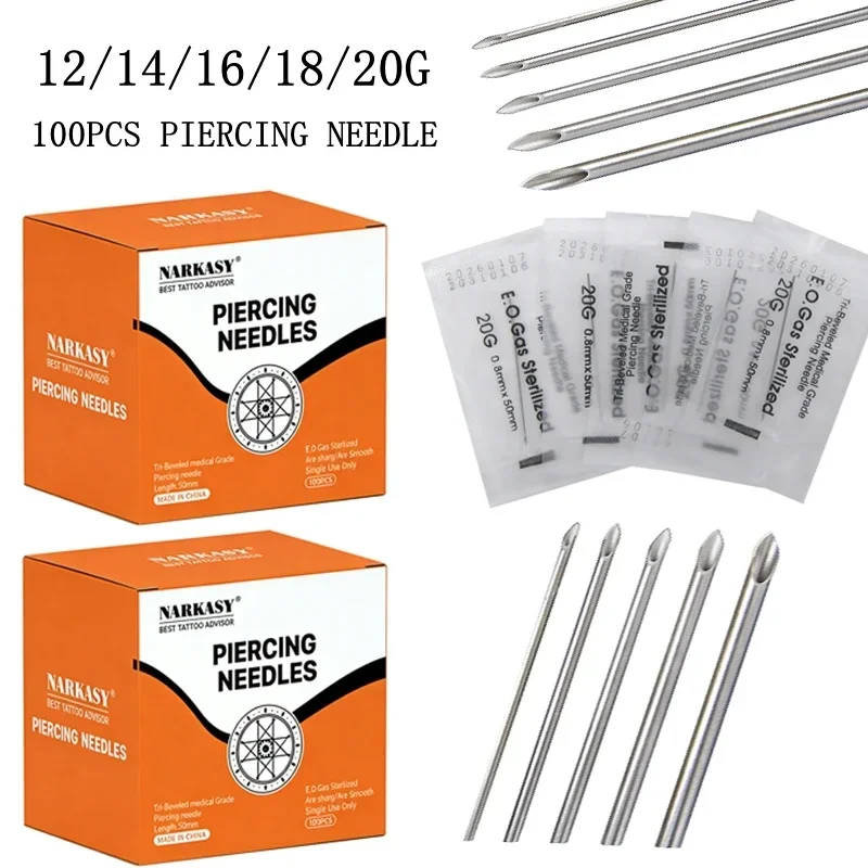 

100 шт. одноразовых стерильных игл для пирсинга 12G-20G, медицинские, для тату, для пирсинга ушей, носа, языка, губ, пупка
