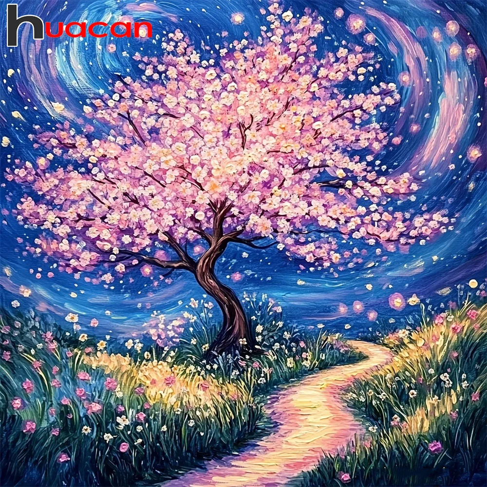 Huacan 5D DIY Diamantmalerei Sternenhimmel Kirschblütenbäume Diamantstickerei Landschaft Handgemachtes Geschenk
