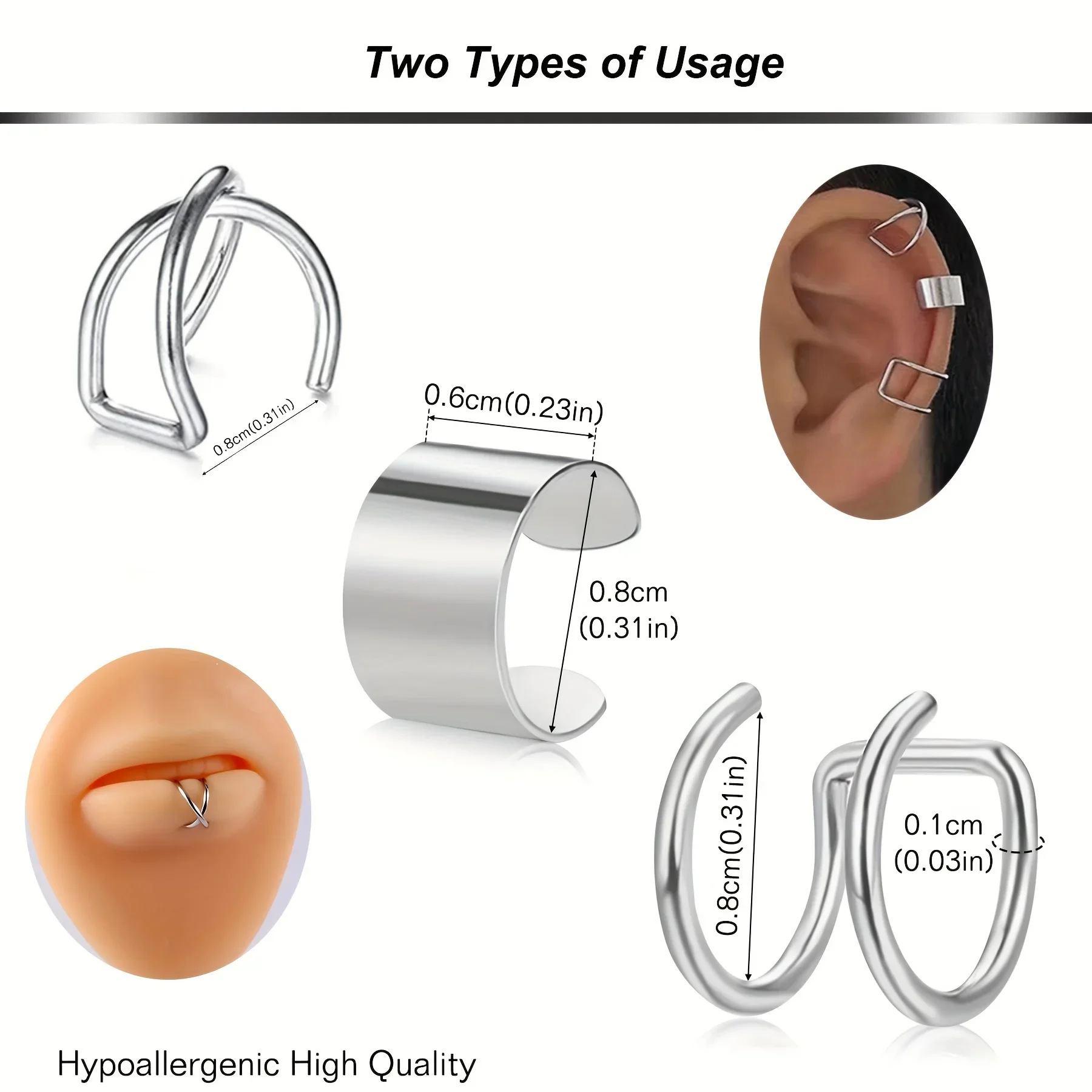 3pcs/set Punk Fashion Stainless Steel Ear Cuffs Helix Cartilage Clip on Wrap Non-Piercing Adjustable Earrings for Women Men Gift