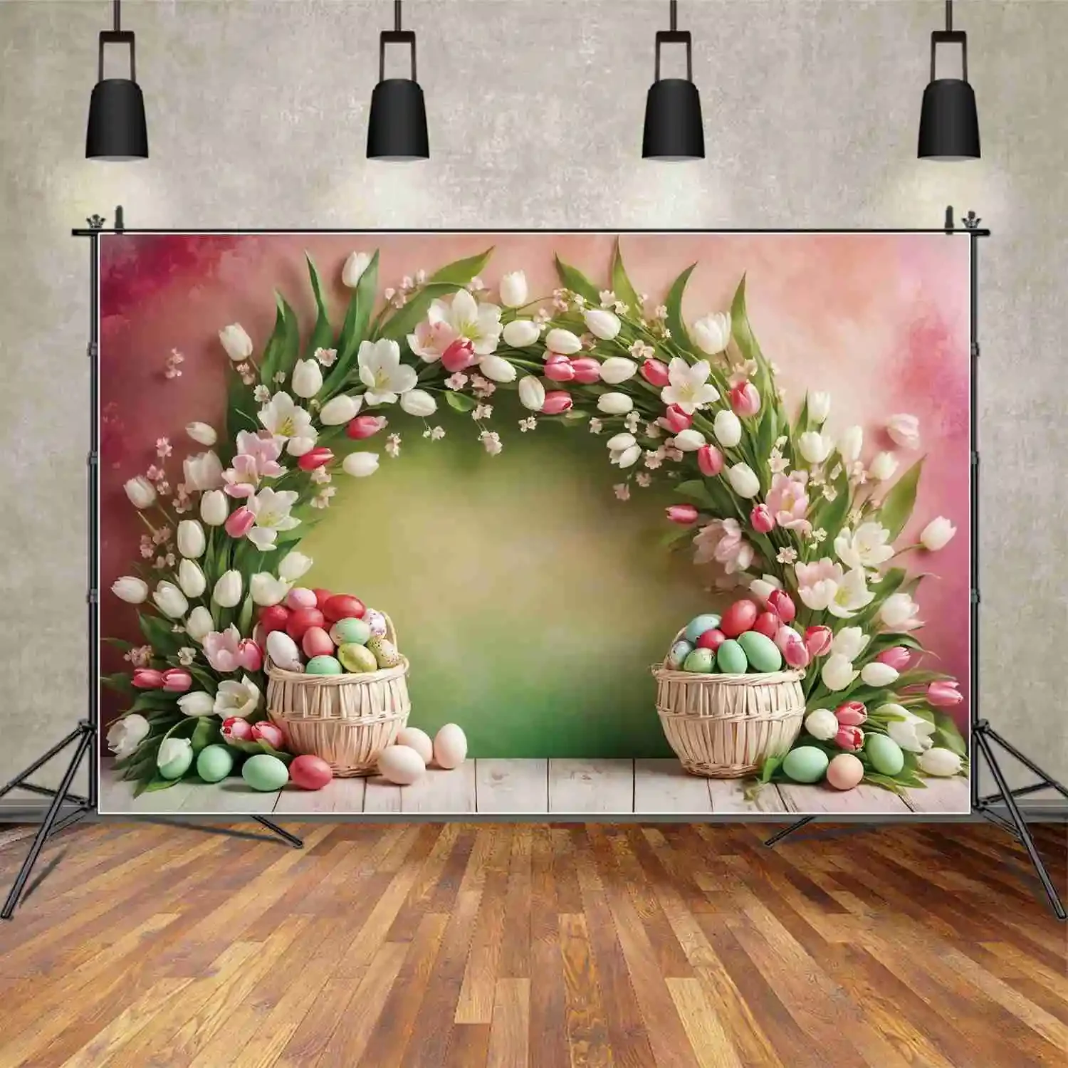 

MOON.QG Arch Wall Spring Easter Background For Photography Children Eggs Tulips Party Photo Backdrop Customized Candy Photozone