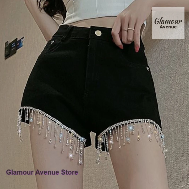 

Korean heavy industry high waist shorts women's spring and summer new fashion slim black slim tassel nail drill casual hot pants