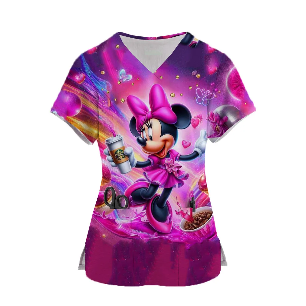 Women Minnie Mickey TShirt Short Sleeve Nurse Uniform Hospital Workers Disney Print Graphic V-Neck Tops Kawaii Working Uniform